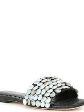Deltan Flora Metallic Raffia Pearl Disc Flat Sandals